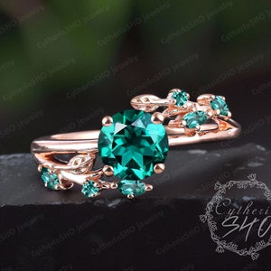Vintage Emerald Engagement Ring 14K Rose Gold Promise Ring Leaf Cluster Ring Art Deco Ring Unique Green Gemstone Ring Anniversary Gifts