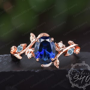 Vintage oval cut blue sapphire engagement ring Soild 14K rose gold promise ring Unique nature inspired leaf ring Women handmade jewelry gift