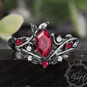 Gothic long hexagon red ruby engagement ring set Art deco black gold leaf moon promise ring Unique nature inspired bridal set Jewelry gift
