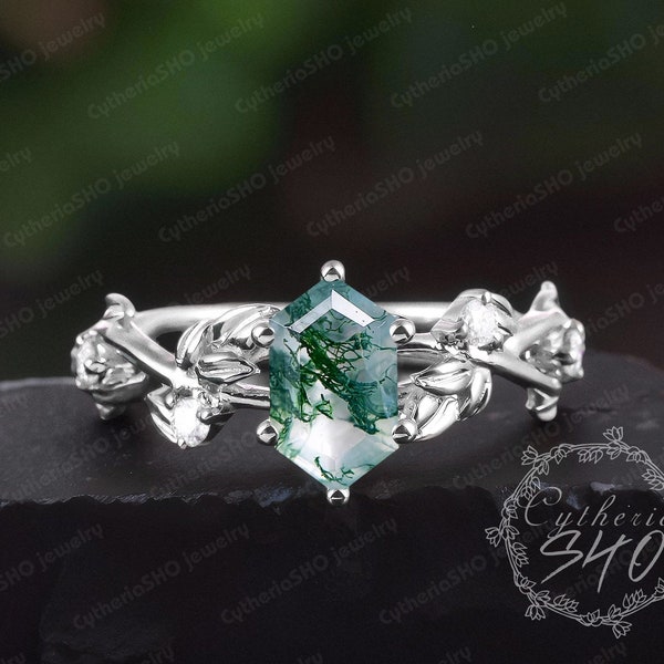 Long Hexagon Natural Moss Agate Engagement Ring Solid 14k White Gold Promise ring Leaf Green Gemstone Ring Art Deco Ring Anniversary Gifts