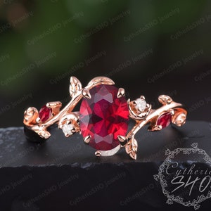 Vintage ovaal geslepen rode robijn verlovingsring Soild 14K roségouden beloftering Natuur inspireert rode edelsteenbladring Vrouwen handgemaakte sieraden cadeau