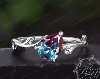 Pear shaped Alexandrite Engagement Ring,White Gold Engagement Ring,Alternative Gemstone Ring,Nature Inspire ring,Leaf Anniversary ring Women