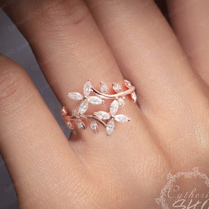 Marquise Moissanite/Diamond Promise ring,14K Solid Rose Gold Leaf Wedding Ring,Unique Butterfly Design Ring,Art deco ring,Cluster ring