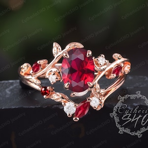Vintage oval cut ruby engagement ring set Soild 14K Rose gold leaf promise ring Nature inspire red gemstone bridal set Handmade jewelry gift