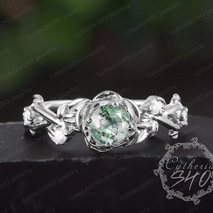 Einzigartige Natürliche Moosachat Verlobungsring Solid 14k Weißgold Versprechen Ring Blatt Grüner Edelstein Ring Art-Deco-Ring Jahrestag Geschenke