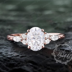Unique oval cut moissanite engagement ring Vintage sollid 14K rose gold promise ring Art deco cluster ring Diamond ring Jewelry gift for her
