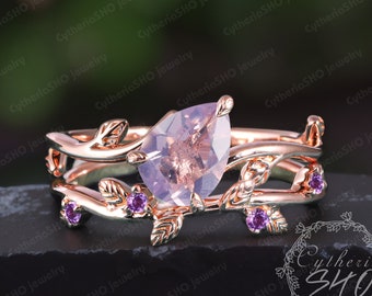 Pear Shaped Lavender Amethyst Engagement Ring Sets 14k Rose Gold Leaf Ring Bridal Sets Promise Amethyst Ring Nature Inspire Ring For Women