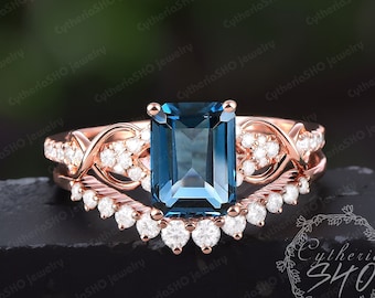 Vintage emerald cut London blue topaz engagement ring sets Art deco 14k rose gold promise ring Unique gemstone bridal sets Her jewelry gifts