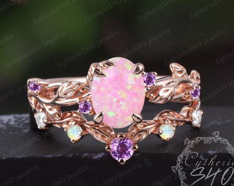 Unique Oval Pink Opal Engagement Ring Sets Rose Gold Leaf Promise Ring Bridal Sets Pink Gemstone Art Deco Ring Anniversary Gifts For Women