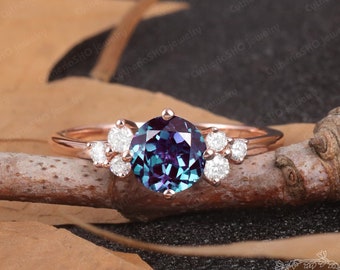 6.0MM Alexandrite Engagement Ring Rose gold Engagement Ring Women Color Changed Gemstone Ring Cluster Diaomnd ring Promise ring for her