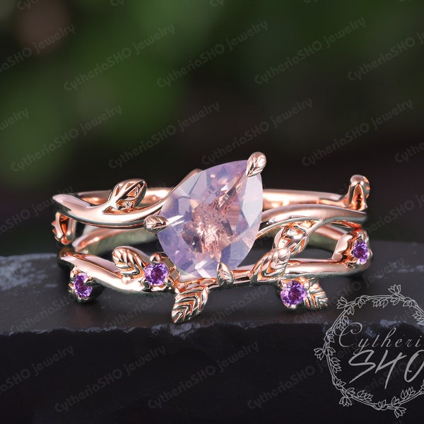 Pear Shaped Lavender Amethyst Engagement Ring Sets 14k Rose Gold Leaf Ring Bridal Sets Promise Amethyst Ring Nature Inspire Ring For Women