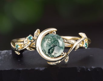 Vintage moss agate engagement ring Art deco solid 14k gold bezel promise ring Unique nature inspired elven leaf ring Jewelry gifts for women