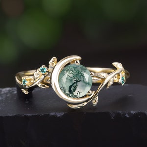 Anillo de compromiso vintage de ágata musgosa. Anillo de promesa Art Déco con bisel de oro macizo de 14k. Anillo único inspirado en la naturaleza con forma de hoja élfica. Regalos de joyería para mujer.