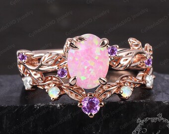 Unique Oval Pink Opal Engagement Ring Sets Rose Gold Leaf Promise Ring Bridal Sets Pink Gemstone Art Deco Ring Anniversary Gifts For Women