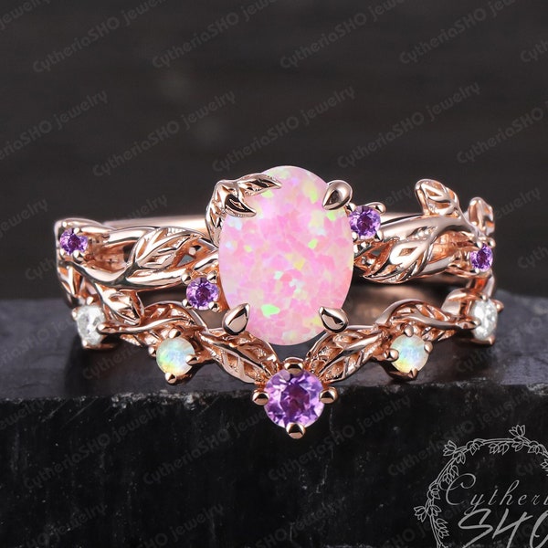 Unique Oval Pink Opal Engagement Ring Sets Rose Gold Leaf Promise Ring Bridal Sets Pink Gemstone Art Deco Ring Anniversary Gifts For Women