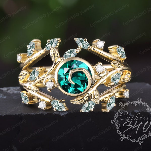 Vintage emerald engagement ring sets Art deco 14K gold bezel promise ring Unique nature inspired elven leaf bridal sets Women jewelry gifts