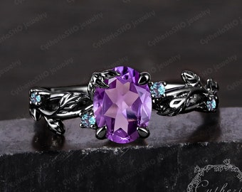 Gothic Schwarz Gold Oval Cut Amethyst Verlobungsring Brautring Natur Inspiriert Cluster Versprechen Ring Art Deco Blatt Edelstein für Frauen