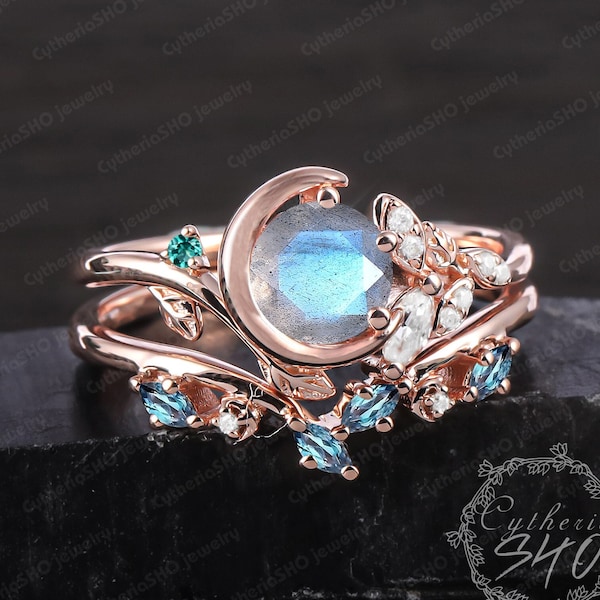 Natural Labradorite Engagement Ring Sets Solid Rose Gold Leaf Promise Ring Moon Star Design Unique Bridal Sets Blue Gemstone Art Deco Ring