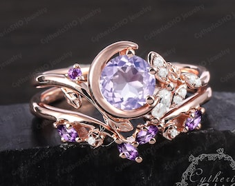 Unieke natuurlijke lavendel Amethist verlovingsring sets Rose bladgoud belofte ring maan ster ontwerp bruids sets paarse Crystal Art Deco ring