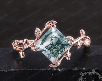 Princesa Square Cut Natural Moss Agate Anillo de compromiso Anillo de hoja Anillo de oro rosa Anillo solitario Anillo de promesa Piedra preciosa Joyería hecha a mano Regalos