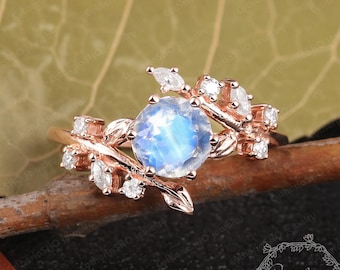 Anillo de compromiso con piedra lunar, oro rosa macizo de 14 quilates, anillo de promesa, piedra natal de junio, anillo de hoja con inspiración natural, anillo nupcial, regalo de aniversario.