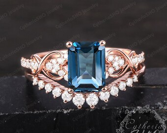 Ensembles de bague de fiançailles vintage avec topaze bleue de Londres, taille émeraude, bague de promesse Art déco en or rose 14 carats, ensembles de pierres précieuses uniques pour la mariée, cadeaux de ses bijoux