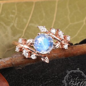 Moonstone Engagement Ring 14K Solid Rose Gold Promise Ring June Birthstone Ring Nature Inspire Leaf ring Bridal ring Anniversary gifts