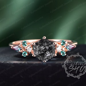 Vintage hexagon cut black rutilated quartz engagement ring Solid rose gold promise ring Art deco gemstone ring Unique handmade jewelry gift