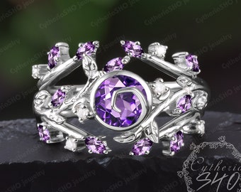 Vintage amethyst engagement ring sets Art deco 14K white gold bezel promise ring Unique nature inspired elven leaf bridal sets Jewelry gifts