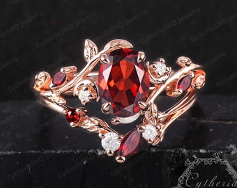 Vintage oval cut garnet engagement ring sets 14K Rose gold leaf moon promise ring Nature inspire bridal sets Handmade jewelry gift for women