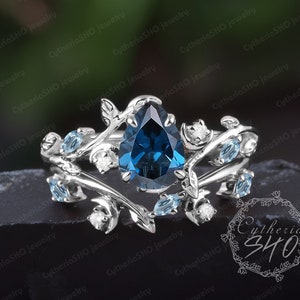 Vintage Birne geschnitten London Blau Topas Verlobungsring setzt Art-Deco Weißgold Blatt Mond Versprechen Ring Natur inspiriert Braut-Sets Schmuck Geschenke