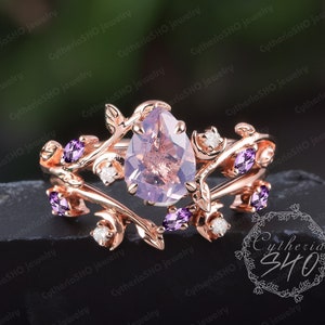 Vintage pear shaped lavender amethyst engagement ring sets Rose gold leaf moon promise ring Nature inspire bridal sets Jewelry gifts for her