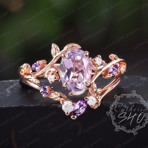 Vintage oval cut lavender amethyst engagement ring sets Rose gold leaf moon promise ring Nature inspire bridal sets Jewelry gifts for women