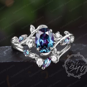 Vintage oval cut alexandrite engagement ring sets 14K White gold leaf moon promise ring Nature inspire bridal sets Her handmade jewelry gift