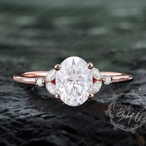 Unique oval cut moissanite engagement ring Art deco sollid rose gold promise ring Vintage cluster ring Diamond ring Jewelry gift for women