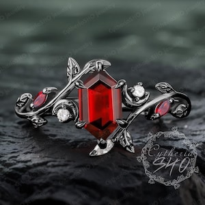 Gothic long hexagon red garnet engagement ring Art deco 14K black gold promise ring Unique nature inspired leaf moon ring Women jewelry gift
