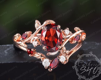 Vintage oval cut garnet engagement ring sets 14K Rose gold leaf moon promise ring Nature inspire bridal sets Handmade jewelry gift for women