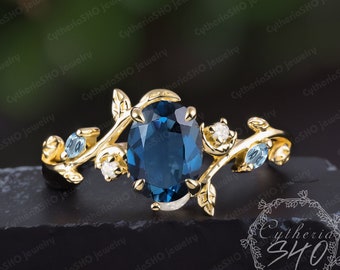 Vintage Oval Schnitt London Blauer Topas Verlobungsring 14K Gold Mond Versprechen Ring Natur inspirieren Blattring Handmade Schmuck Geschenk für Frauen