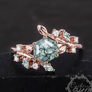 Hexagon Natural Moss agate Engagement Ring 14K Solid Rose Gold Promise Ring Nature Inspire Leaf ring Green Gemstone Anniversary gifts