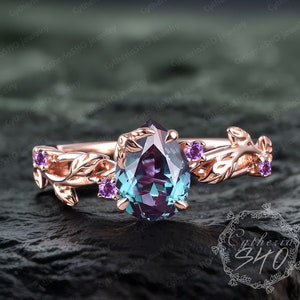 Vintage pear cut alexandrite engagement ring Art deco 14k solid rose gold promise ring Nature inspired leaf ring Women handmade jewelry gift