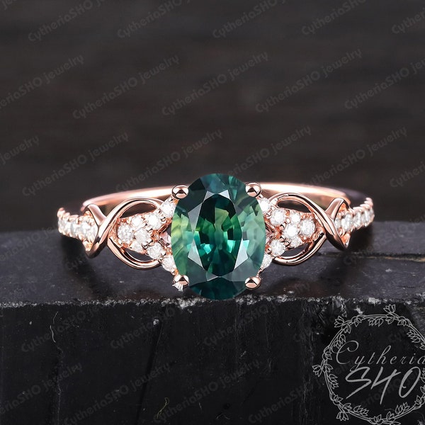 Vintage oval cut teal sapphire engagement ring Art deco 14k rose gold promise ring Unique bule green gemstone ring Handmade jewelry gifts