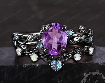 Gothic Black Gold Oval Cut Amethyst Engagement Ring Sets Bridal Set Nature Inspired Cluster Promise Ring Art Deco Leaf Gemstone For Women