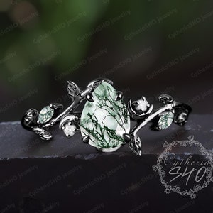 Gothic pear cut moss agate engagement ring Art deco 14K black gold promise ring Unique nature inspired leaf ring Women handmade jewelry gift