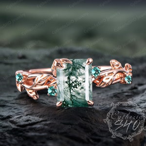 Unique Emerald Cut Moss Agate Engagement Ring Rose Gold Leaf Promise Ring Bridal Ring Green Gemstone Art Deco Ring Anniversary Gifts