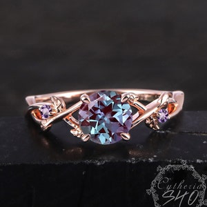 Unique Alexandrite Engagement Ring 14KRose Gold Promise Ring Leaf Design Ring ColourChanging Stone Art Deco Ring Anniversary Gifts For Women image 1