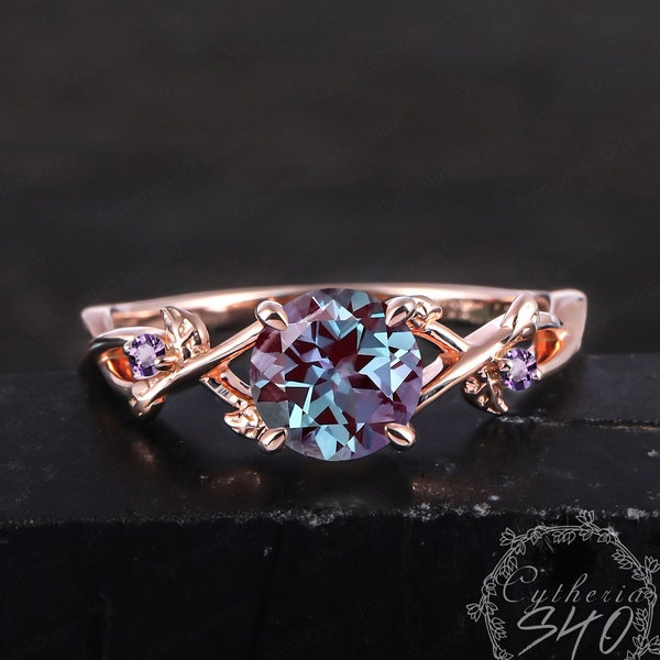 Unique Alexandrite Engagement Ring 14KRose Gold Promise Ring Leaf Design Ring ColourChanging Stone Art Deco Ring Anniversary Gifts For Women