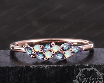 Unique Alexandrite Wedding Band 14K Rose Gold Colour Changing Stone Wedding Ring Vintage Platinum Opal Wedding Band Matching Stacking band
