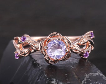 Natural Lavender Amethyst Engagement Ring Solid Rose Gold Promise Ring Rose Flower Ring Nature Inspire Leaf Amethyst Ring Anniversary Gifts