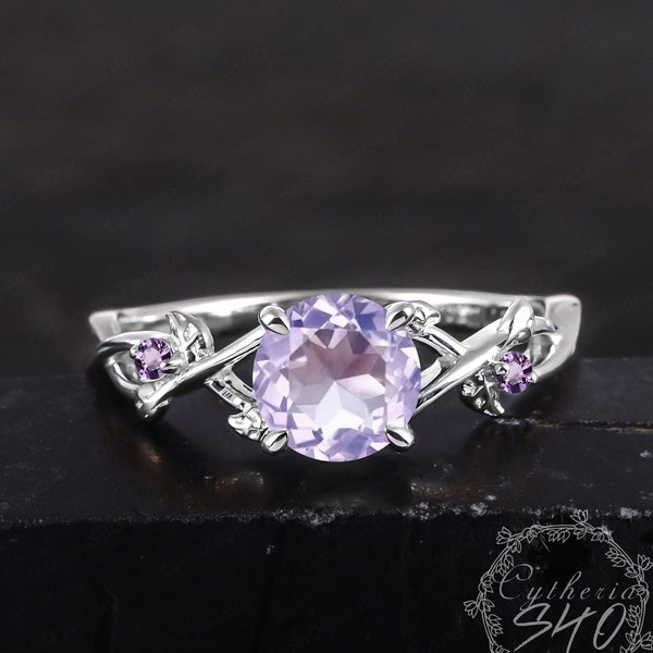 Unique Natural Lavender Amethyst Engagement Ring 14K White Gold Promise Ring for her Leaf Design Ring Ring Anniversary Gifts For Women