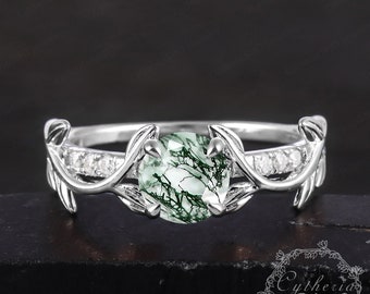 Natürlicher Moosachat Verlobungsring 14k Solid White Gold Promise Ring für ihr Blatt Design Ring Natur Inspiriert Ring Jahrestag Geschenke Frauen